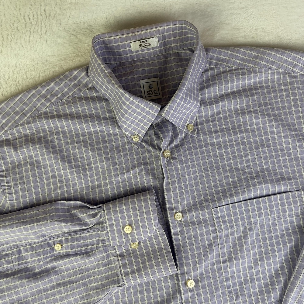 Peter Millar Shirt Mens L Purple Check Button Down Long Sleeve Cotton‎ Casual